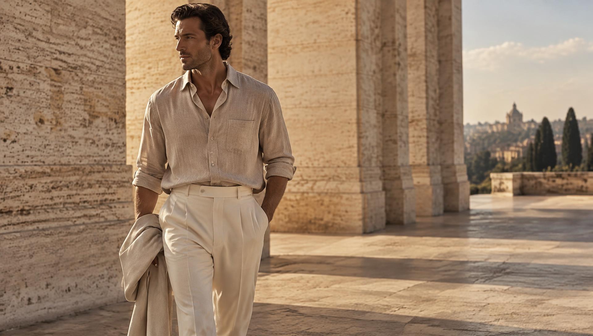 TOMA summer tailoring in a travertine colonnade